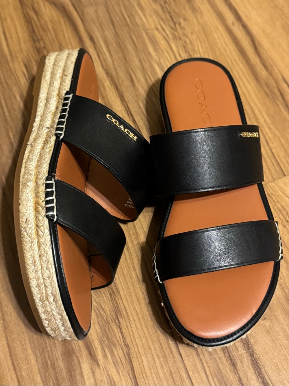 New Coach Black Leather Espadrille Slide Sandals